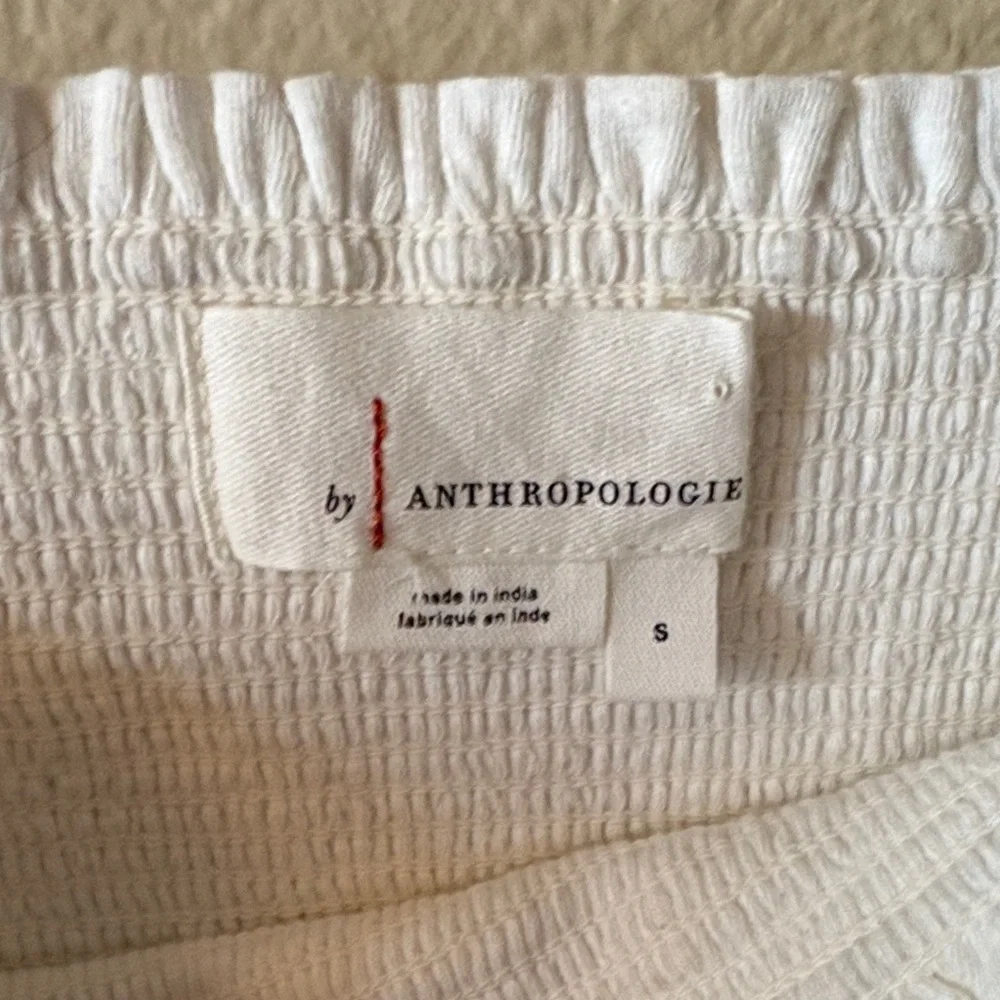 Anthropologie White Embroidered Smocked Crop Top Square Neck Puff Sleeve